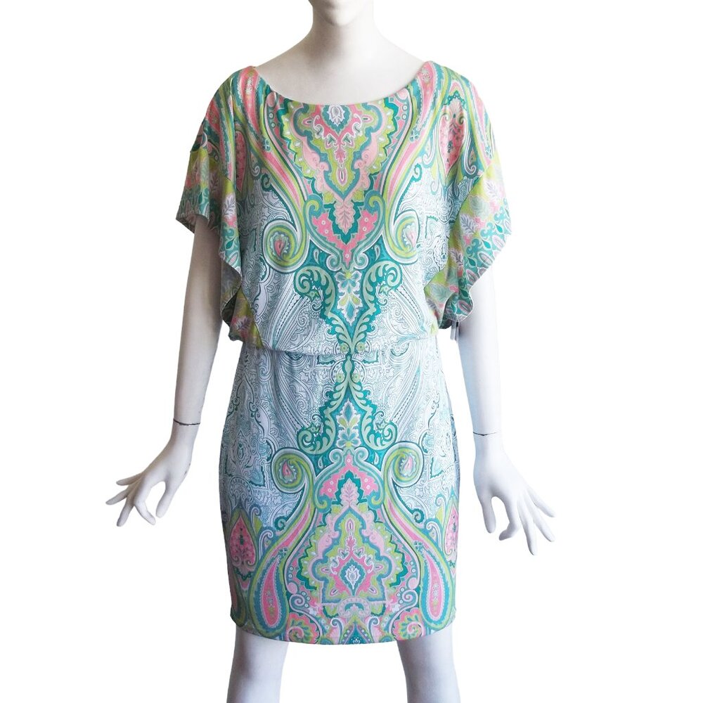 JAX Pastel Deco Scarf Print Draped Blouson Jersey Knit Dress Sz 6 NWT